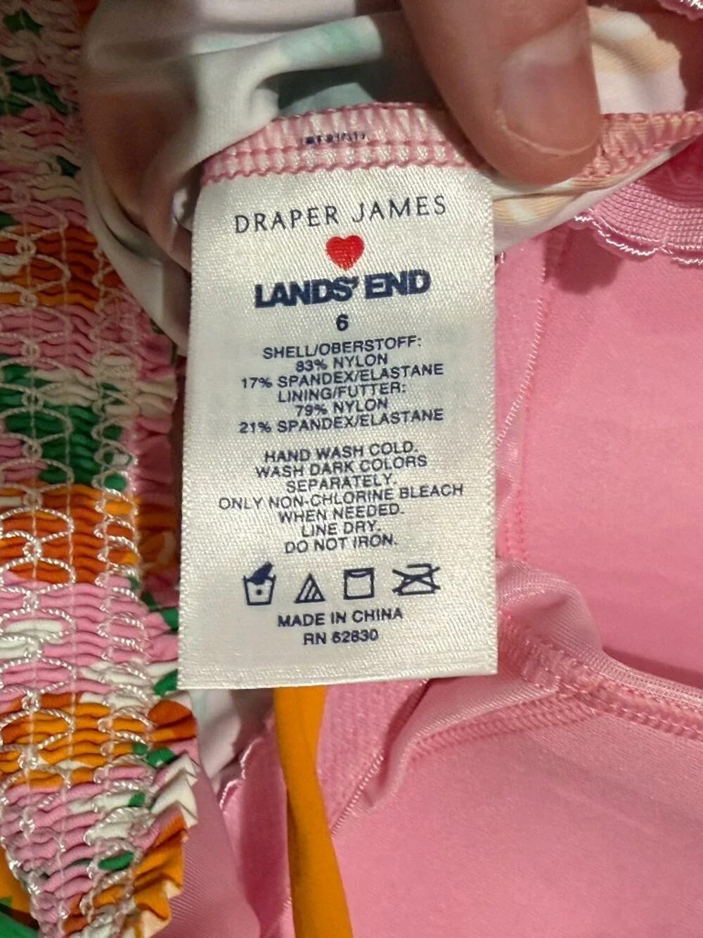 Draper James x Lands End Tankini Top Pink Cherry Floral Tie Shoulder Smocked